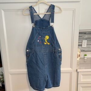 1999 LOONEY TUNES TWEETY Size L Vintage Denim Overall Shorts / Warner Bro